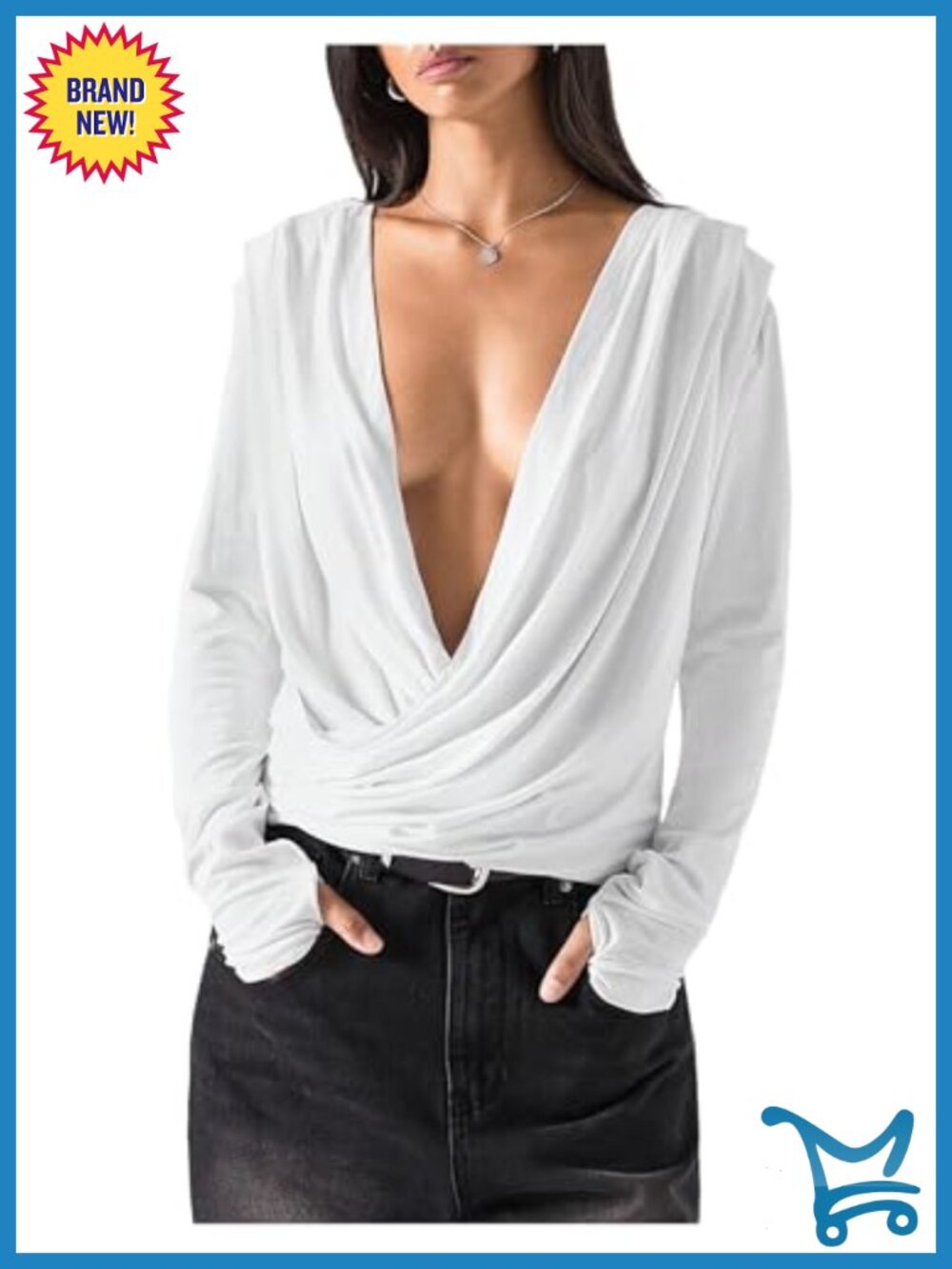 SweatyRocks Viscose Elastane Deep V Neck Ruched Long Sleeve Tee
